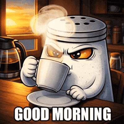 Salt Shaker Drinking Coffee Saying Good Morning GIF