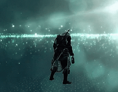 Samurai Man Standing In Water Holding Sword GIF