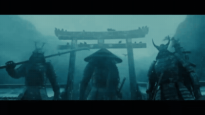 Samurai Standing In Front Of Gate In Fog GIF