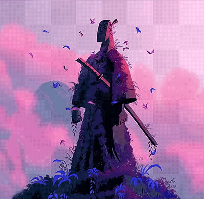 Samurai Statue With Sword And Flowers GIF