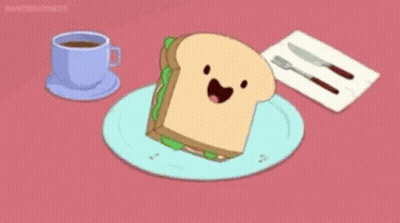 Sandwich With Face Next To Coffee And Knife Fork GIF