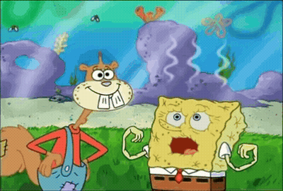 Sandy Cheeks And Spongebob Squarepants Are Standing Next To Each Other In A Cartoon . GIF