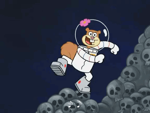 Sandy Cheeks From Spongebob Squarepants Is Jumping Over A Pile Of Skulls GIF