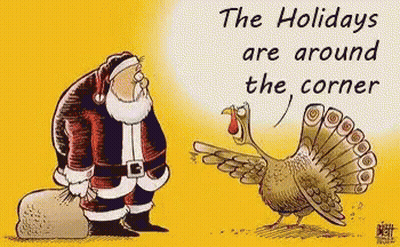 Santa And Turkey Saying The Holidays Are Around The Corner GIF