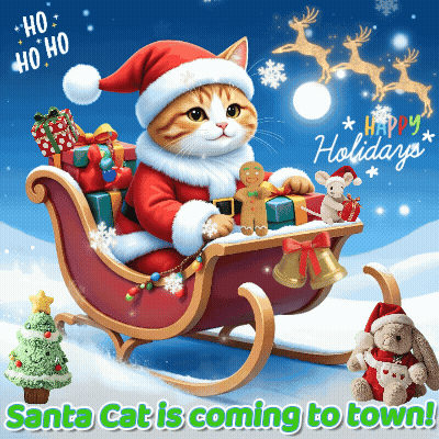 Santa Cat In Sleigh With Gifts GIF