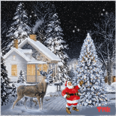 Santa Claus And Deer Christmas Scene GIF