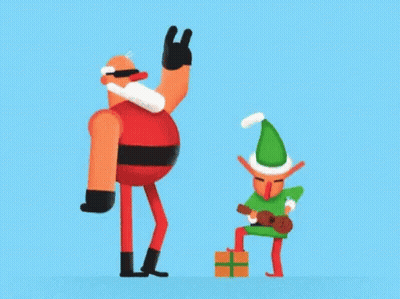 Santa Claus And Elf Standing On Blue Background GIF