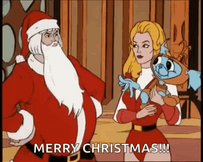 Santa Claus And Princess Holding Stuffed Animal Saying Merry Christmas GIF