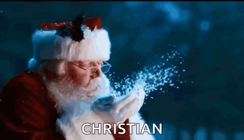 Santa Claus Blowing Snow In The Air With The Name Christian Written Below Him GIF