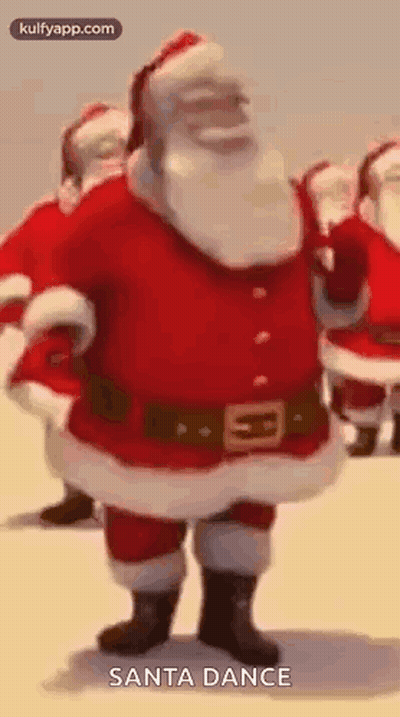 Santa Claus Dancing In Snow With Santas Behind GIF