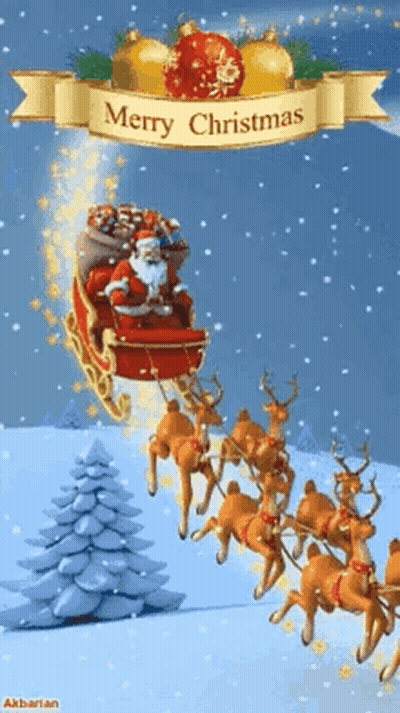 Santa Claus Flying In Sleigh With Reindeer GIF