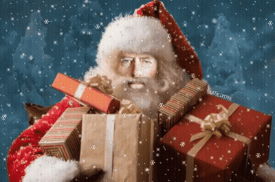 Santa Claus Holding Pile Of Gifts In Snow GIF
