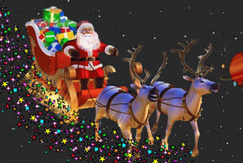 Santa Claus In A Sleigh Pulled By Reindeer With Gifts GIF
