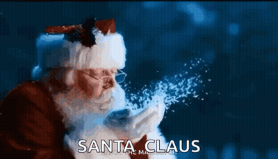 Santa Claus Is Blowing Snow In The Air With The Words Santa Claus Written Above Him GIF