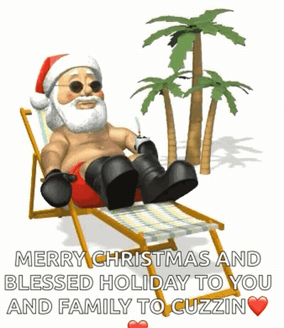 Santa Claus Is Sitting In A Beach Chair With A Palm Tree In The Background . GIF