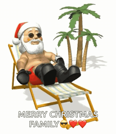 Santa Claus Is Sitting In A Beach Chair With A Palm Tree In The Background And Says Merry Christmas Family GIF