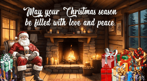 Santa Claus Sits In Front Of A Fireplace Surrounded By Presents With A Christmas Wish GIF