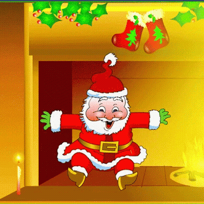Santa Claus Sitting By Fireplace With Stockings GIF