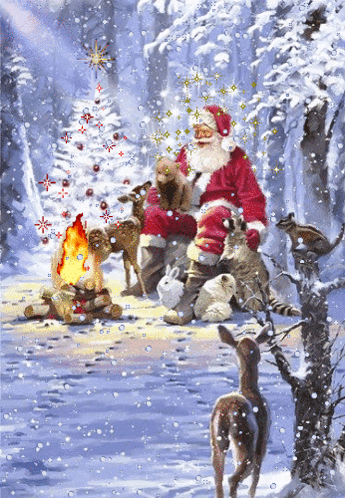 Santa Claus Sitting In Snow With Animals GIF