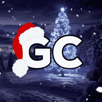 Santa Hat With GC Lettering In Front Of Snowy Christmas Tree GIF