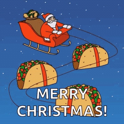 Santa In Sleigh Pulled By Tacos Saying Merry Christmas GIF