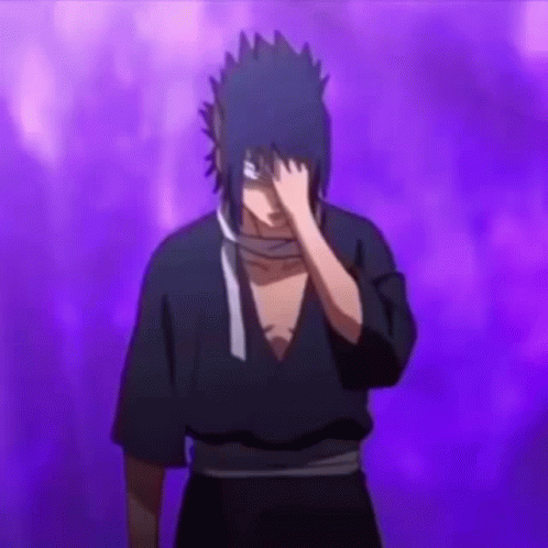 Sasuke Uchiha From Naruto Is Covering His Eyes With His Hand In Front Of A Purple Background . GIF