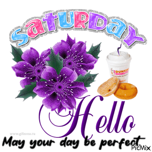 Saturday Hello May Your Day Be Perfect With Purple Flowers And Donuts GIF