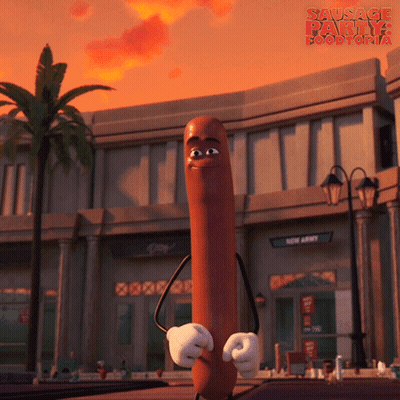 Sausage Party Poster Hot Dog in Front of Building