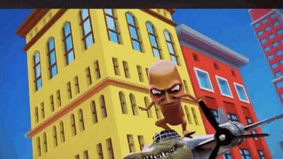 Sausage Standing Next To Plane At Yellow Building GIF