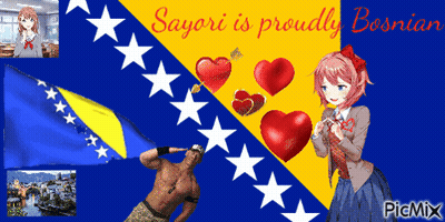 Sayori Is Proudly Bosnia Written On A Blue And Yellow Flag GIF