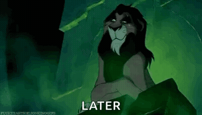 Scar From The Lion King Is Smiling And Looking At The Camera With The Words `` Later '' Written On His Face . GIF