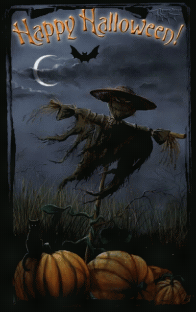 Scarecrow And Pumpkins Saying Happy Halloween GIF