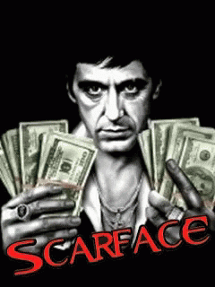 Scarface Movie Poster With A Man Holding Money GIF