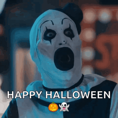 Scary Clown Saying Happy Halloween With Pumpkin And Ghost GIF
