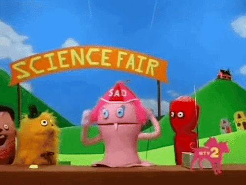 Science Fair Sign Above Pink Monster GIF