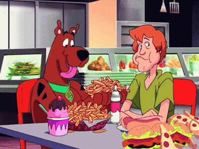 Scooby Doo And Shaggy Are Sitting At A Table Eating French Fries And Hamburgers GIF