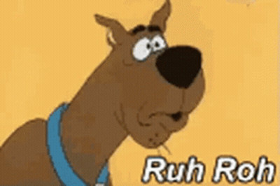 Scooby Doo Is A Cartoon Dog With A Blue Collar And The Words `` Ruh Roh '' Below Him . GIF