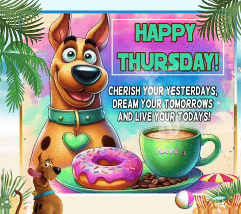 Scooby Doo Is Holding A Donut And A Cup Of Coffee On A Happy Thursday Greeting Card GIF