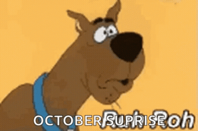 Scooby Doo Is Looking At The Camera With The Words `` October Sunrise Oh '' Written Below Him . GIF