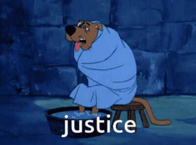 Scooby Doo Is Wrapped In A Blue Blanket And Sitting In A Bowl Of Water With The Word Justice Written Above Him GIF