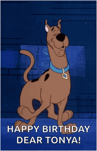 Scooby Doo Walking In Front Of Blue Wall Saying Happy Birthday Dear Tonya GIF