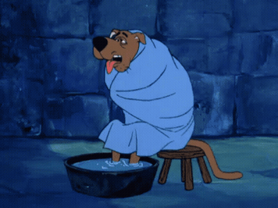 Scooby Doo Wrapped In Blue Towel On Stool GIF