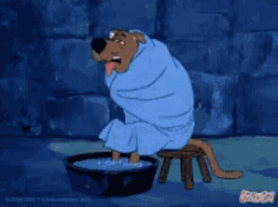 Scooby Doo Wrapped In Blue Towel Sitting On Stool GIF
