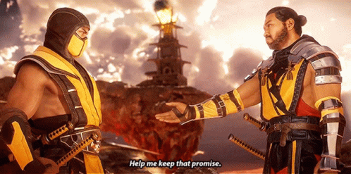 Scorpion And Sub Zero Are Standing Next To Each Other In A Video Game And Scorpion Says Help Me Keep That Promise . GIF