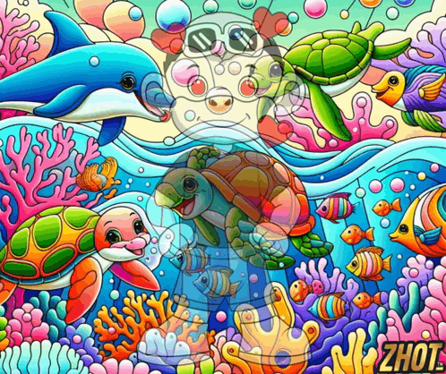 Sea Turtles Dolphins and Fish Painting With Zhout