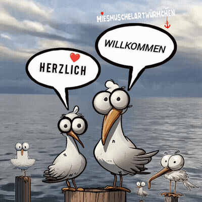 Seagulls On Dock Saying Herzlich Willkommen GIF