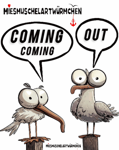 Seagulls With Speech Bubbles Saying Coming And Out GIF