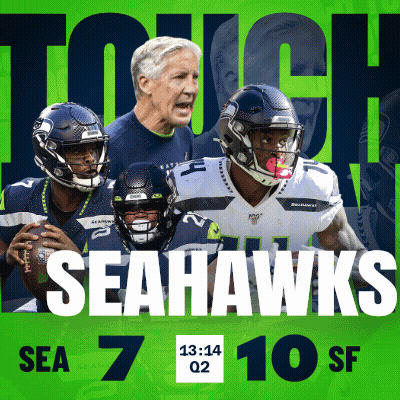 Seahawks Poster With Players And Coaches On Green Background GIF
