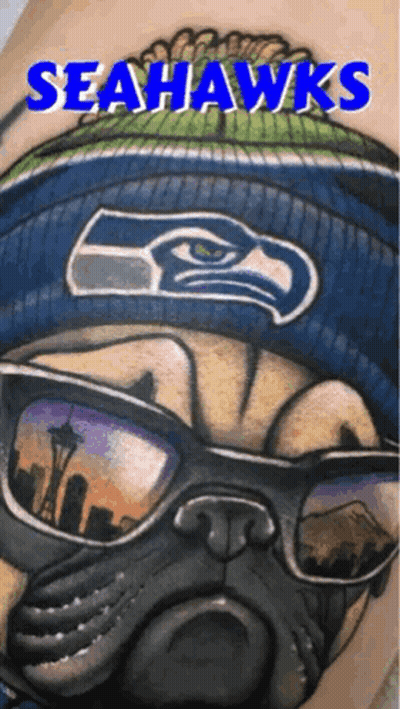 Seahawks Tattoo Pug Wearing Sunglasses And Hat GIF