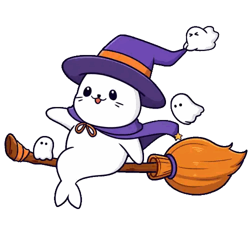 Seal In Witch Hat Flying On Broom Sticker